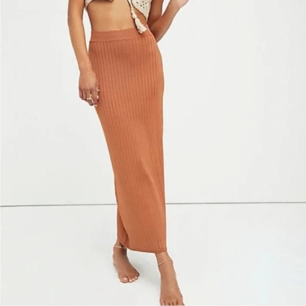 Free People Beach to Night Midi Ribbed Skirt Rust Orange XS